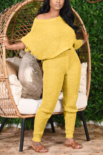 Yellow Fashion Solid Patchwork One Shoulder Long Sleeve Two Pieces