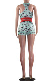 Green Fashion Casual adult Ma'am Patchwork Print Two Piece Suits Straight Sleeveless Two Pieces