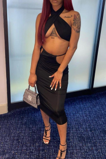 Black Sexy Solid Hollowed Out Strapless Sleeveless Two Pieces