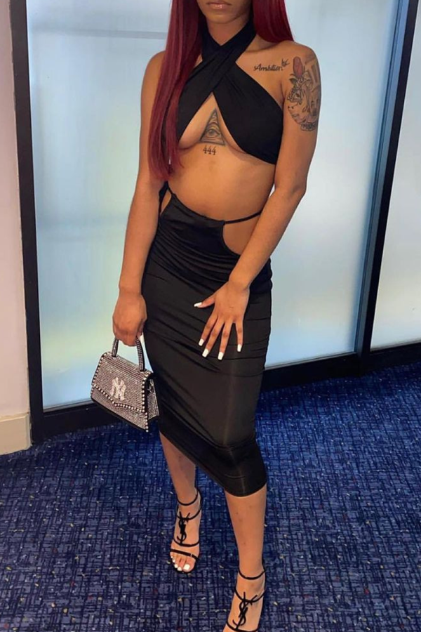 Black Sexy Solid Hollowed Out Strapless Sleeveless Two Pieces
