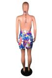 Multi-color Street Spaghetti Strap Sleeveless V Neck Step Skirt Mini Print Club Dresses