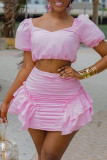 Pink Sexy Casual Solid Backless Fold Square Collar Short Sleeve Two Pieces