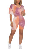 Dark Blue Fashion Sexy adult Patchwork Print Tie Dye Two Piece Suits Straight Short Sleeve Two Pieces