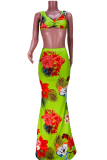 Mint green Sexy Print Patchwork V Neck Sleeveless Two Pieces