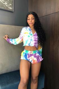 Multi-color Active Fashion Casual adult Stringy selvedge Print Straight Long Sleeve Two-Piece Short S