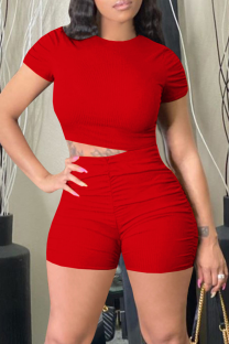 Red Casual Solid Patchwork O Neck Short Sleeve Two Pieces