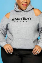 Grey Casual Print Hooded Collar Mid Waist Tops