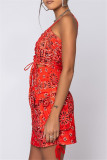 Rose Red Fashion Sexy Print Backless Spaghetti Strap Sleeveless Two Pieces