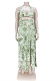 Green Sexy Print Backless Slit Strap Design Halter Plus Size Two Pieces