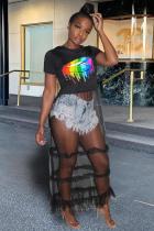 Black O Neck Short Sleeve perspective Mesh Print Tees & T-shirts