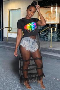 Black O Neck Short Sleeve perspective Mesh Print Tees & T-shirts