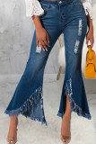 Dark Blue Fashion Sexy Tassel Ripped Slit Pants High Waist Boot Cut Denim
