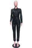 Black Sexy Fashion Pocket Asymmetrical Solid PU Long Sleeve V Neck Jumpsuits