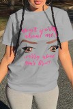 Grey Fashion Casual Print Basic O Neck T-Shirts