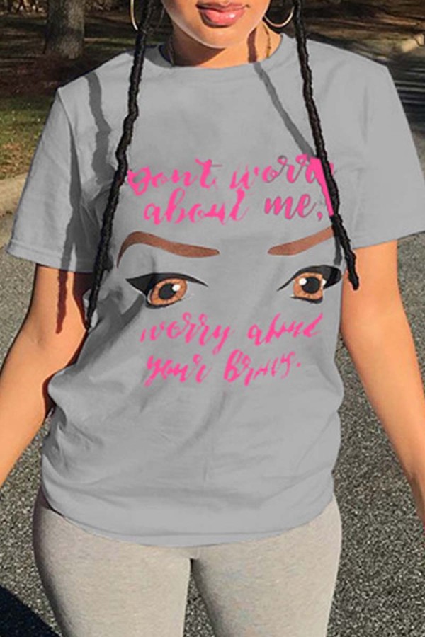 Grey Fashion Casual Print Basic O Neck T-Shirts