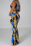 Blue Casual Print Patchwork Spaghetti Strap Trumpet Mermaid Dresses