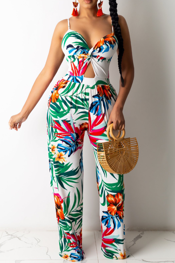 White Sexy Print Hollowed Out Spaghetti Strap Straight Jumpsuits
