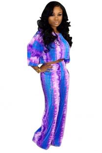 purple Casual Fashion Tie Dye crop top Two Piece Suits asymmetrical Straight Half Sleeve Two-pie