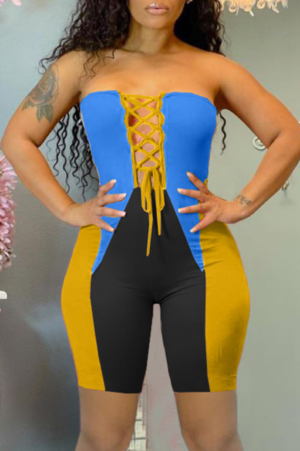 Blue Sexy Casual Patchwork Backless Strap Design Strapless Skinny Romper
