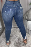 Dark Blue Fashion Casual Solid Ripped Mid Waist Skinny Jeans