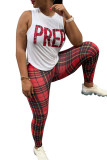 Red Fashion Casual adult Plaid Letter Patchwork Print Two Piece Suits pencil Sleeveless Two Pieces