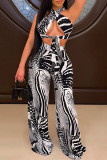Blue Fashion Sexy Print Backless Strapless Sleeveless Two Pieces