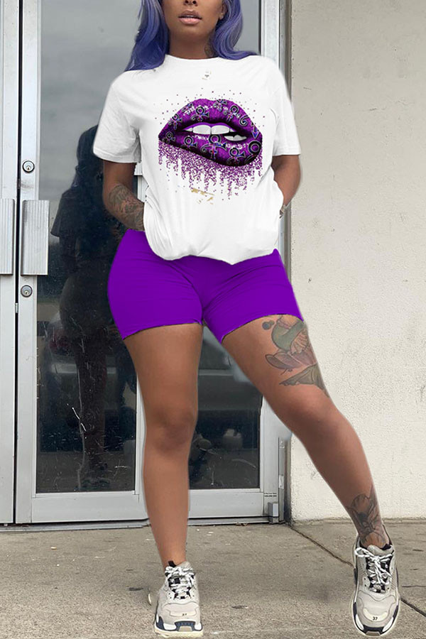 purple Milk Silk Fashion Casual Print Two Piece Suits Straight Short Sleeve Two Pieces