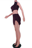 Card Purple Fashion Sexy Solid Slit O Neck Sleeveless Two Pieces