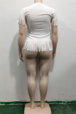 White Fashion Casual O Neck Letter Patchwork Print Character tassel Stitching Plus Size