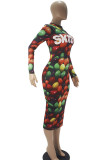 Yellow Fashion Casual Adult Print Patchwork O Neck Long Sleeve Knee Length A Line Dresses