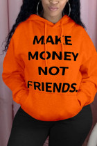 Orange hooded Long Sleeve Print Tops