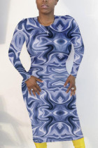 Blue British Style Print O Neck Long Sleeve Mid Calf Pencil Skirt Dresses