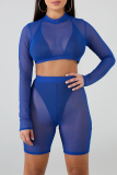 Blue Casual Solid Patchwork Half A Turtleneck Long Sleeve Two Pieces