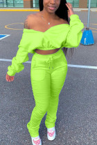 Fluorescent green venetian Fashion adult Ma'am OL Solid Two Piece Suits pencil Long Sleeve Two Pieces