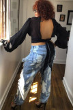 Light Blue Denim Button Fly Zipper Fly High Zippered Pocket washing Hole Straight Pants 