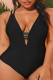 Black Sexy Solid Patchwork Backless V Neck Plus Size Swimwear