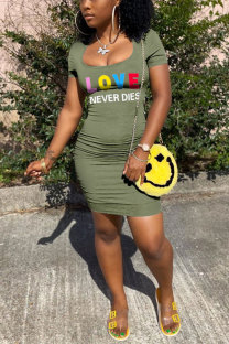 Green Fashion adult Street Grey Green Cap Sleeve Short Sleeves O neck Step Skirt Mini Print Patchwork Character Draped hollow out Dresses