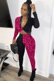Blue Sexy Patchwork Two Piece Suits Leopard Straight Long Sleeve