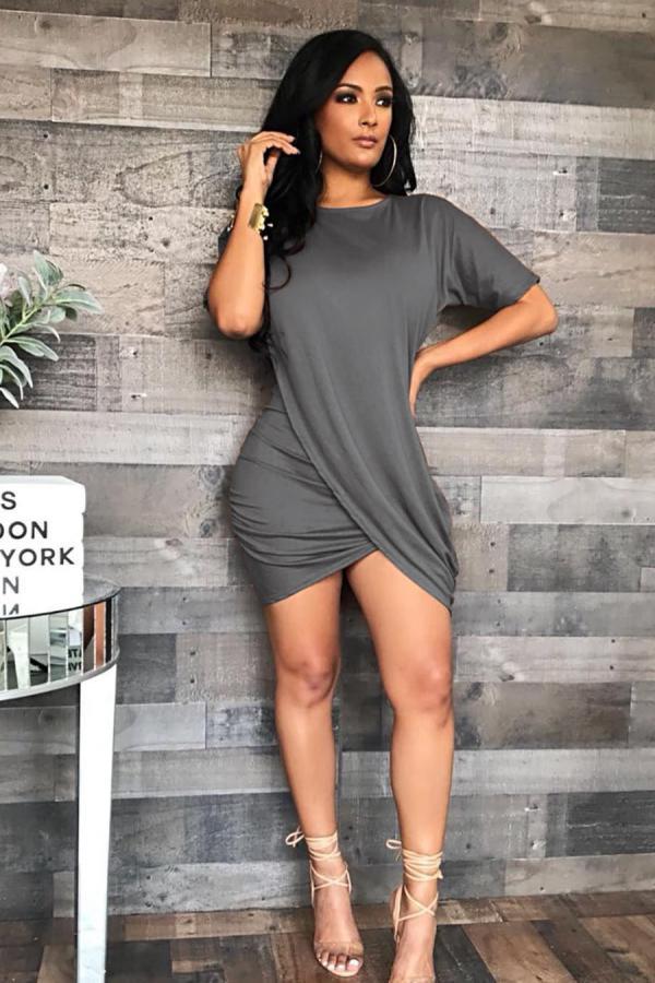Grey Casual adult Sexy Fashion Short Sleeves O neck Pleated Mini Solid Draped asymmetrical