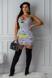 White Sexy Spaghetti Strap Sleeveless V Neck A-Line skirt Print