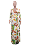 White Casual Print Draw String V Neck Cake Skirt Dresses