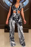 Black And White Sexy Print Patchwork V Neck Short Sleeve Two Pieces