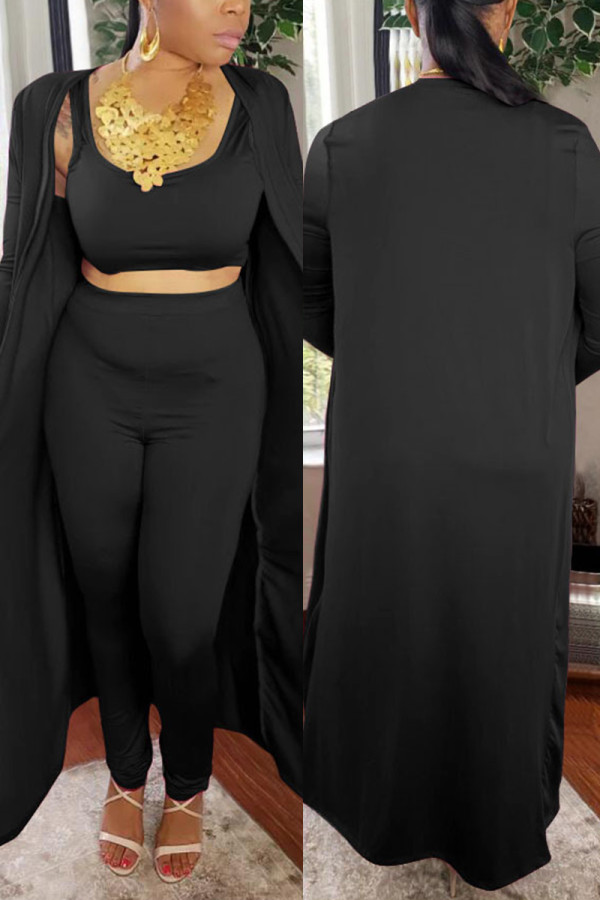 Black Fashion Casual Solid Basic O Neck Long Sleeve Three-piece Set