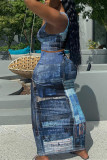 Blue Sexy Casual Print Vests U Neck Sleeveless Two Pieces