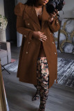 Coffee Casual Solid With Belt Turndown Collar Outerwear