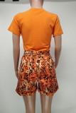 Green Casual Print Patchwork O Neck Short Sleeve Two Pieces