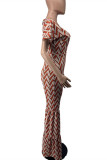 Pink Fashion Casual Print Basic V Neck Regular Jumpsuits