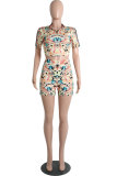 Red Sexy Fashion Patchwork Print Straight Short Sleeve Two-Piece Short Set