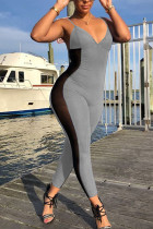 Grey Fashion street Patchwork Mesh Solid Sleeveless V Neck Jumpsuits