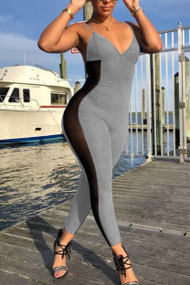 Grey Fashion street Patchwork Mesh Solid Sleeveless V Neck Jumpsuits
